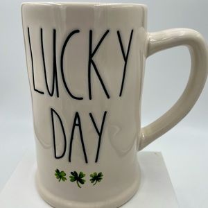 RAE DUNN ST PATRICK’S DAY LL “LUCKY DAY” STEIN MUG WITH SHAMROCKS; GREEN INSIDE.